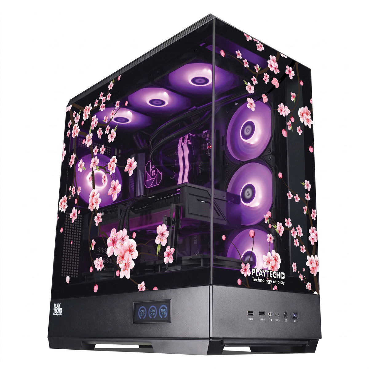 A black computer case with a decorative cherry blossom pattern on the glass side panel, illuminated by purple internal and fan RGB lighting.