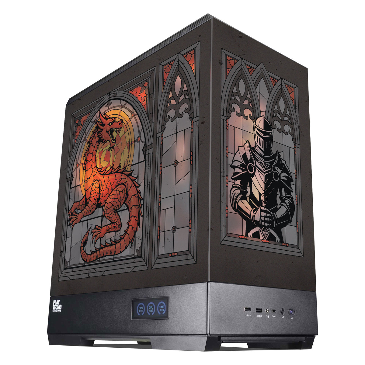 A custom gaming PC tower with a dark metallic finish, featuring stained-glass-style side panels with a glowing orange-red dragon on the front-left and a black-and-gray armored knight on the front-right.