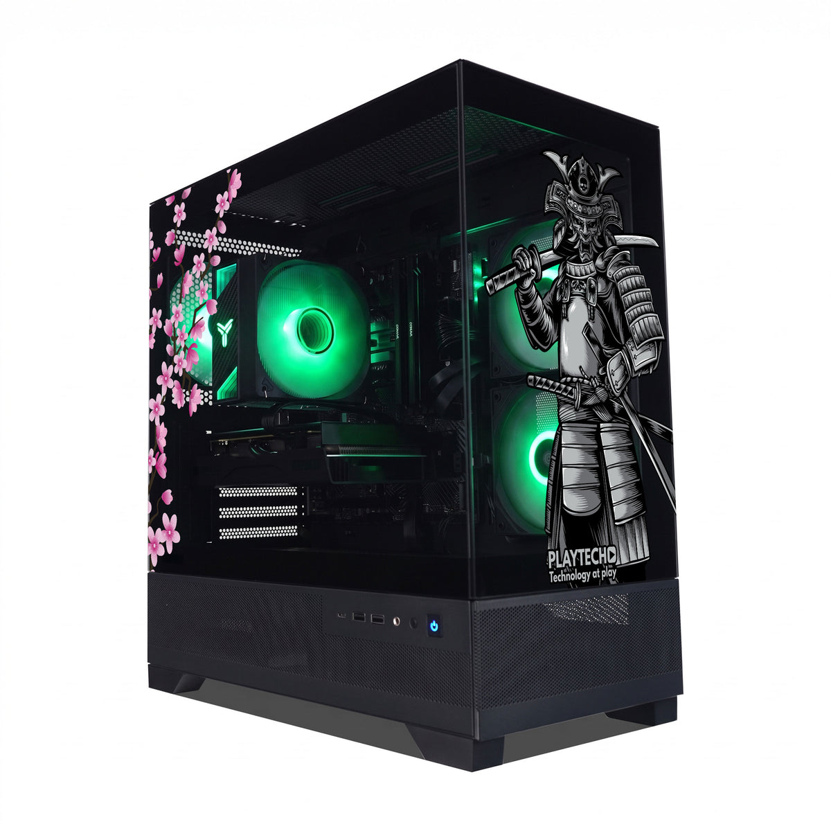 A black custom gaming PC tower with a transparent side panel, showcasing green LED-lit fans and internal components. The side panel is decorated with pink cherry blossoms on the left and a black-and-white samurai graphic on the right, with the text 'PLAYTECH' visible near the bottom.