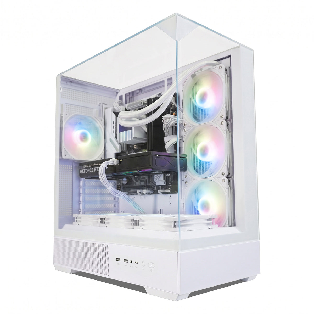 A white custom desktop PC tower with a transparent glass side panel, showcasing internal white components and glowing RGB fans with a rainbow color spectrum.