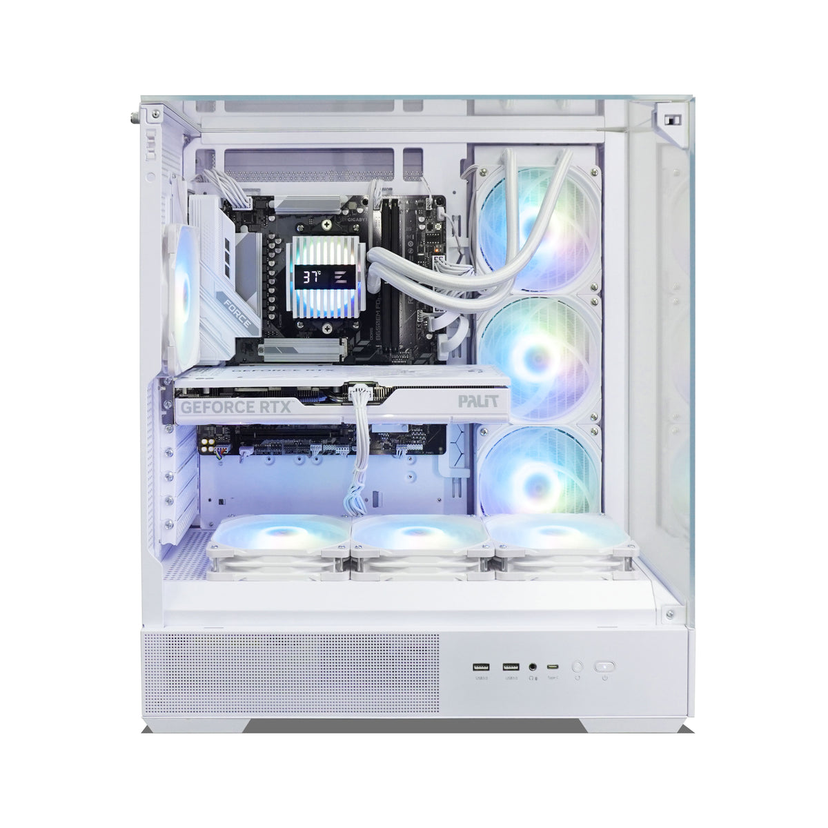 A white custom PC tower with a clear side panel, showcasing a white liquid CPU cooler, an RTX graphics card, and seven RGB-lit fans.