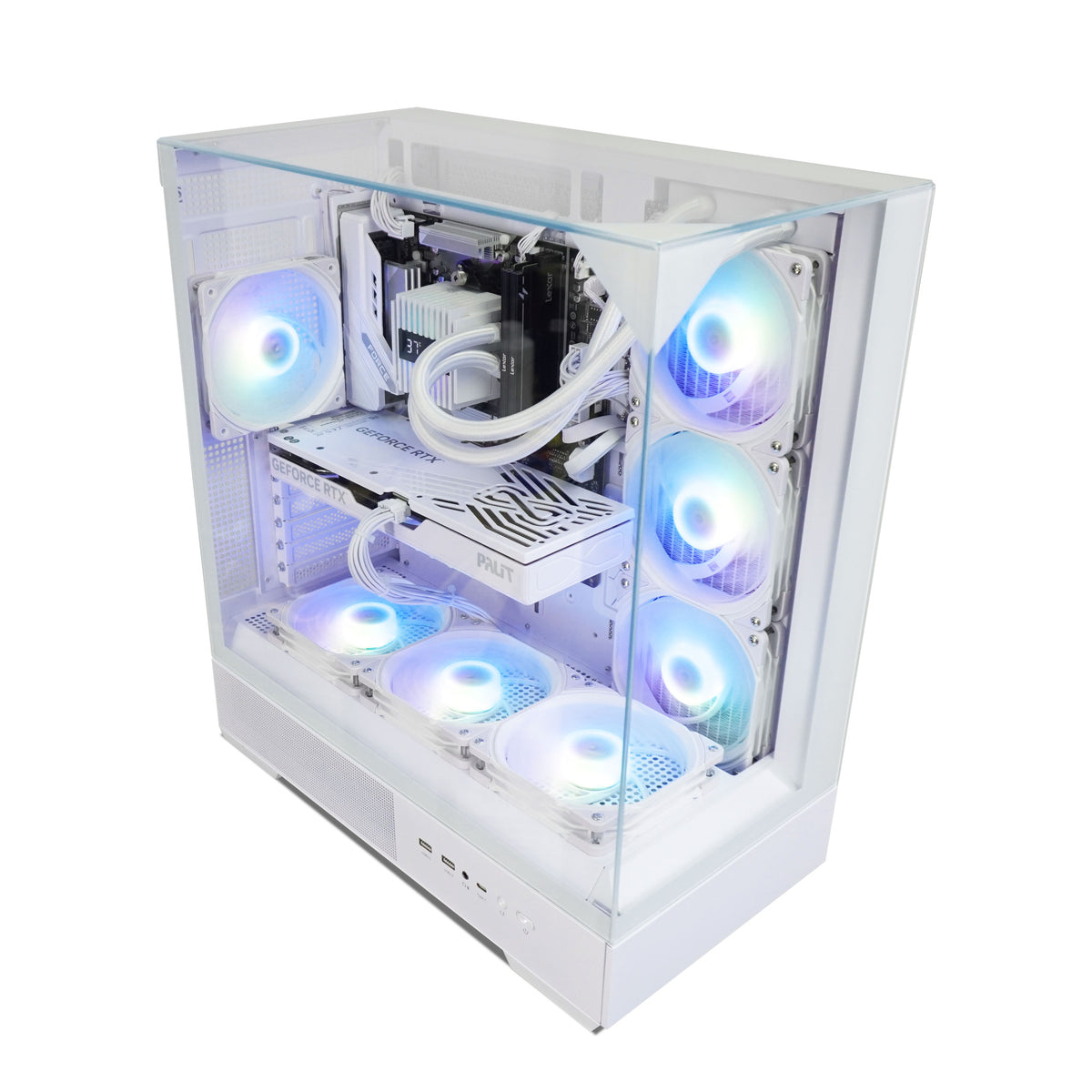 White PC tower case with a transparent side panel, showing a custom white PC build with multiple RGB fans glowing blue and white, on a solid white background.