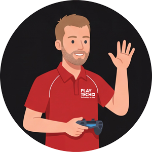 Illustration of a man in a red shirt with 'Playtech' logo, holding a game controller.
