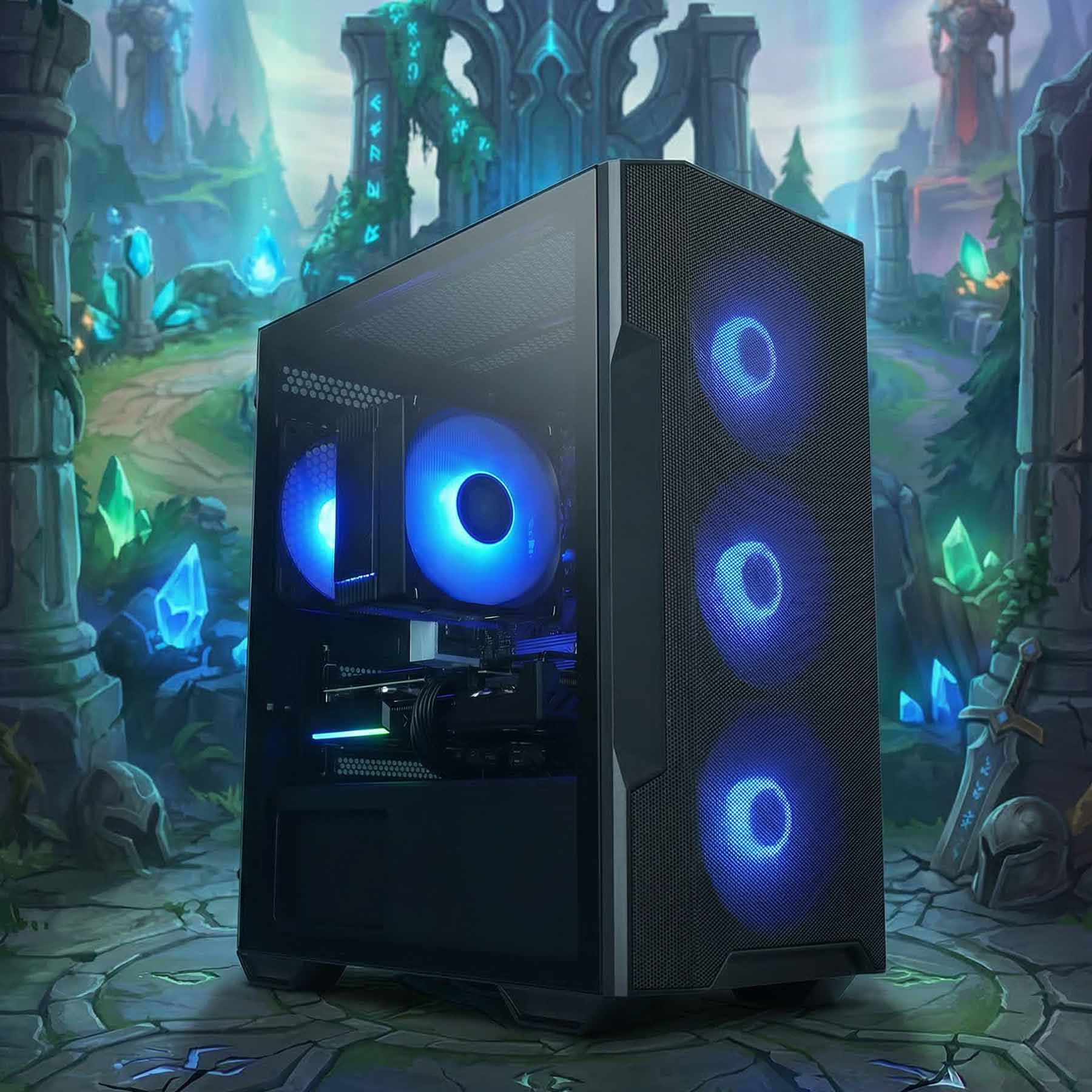 Computer tower with blue lights in a fantasy-themed background
