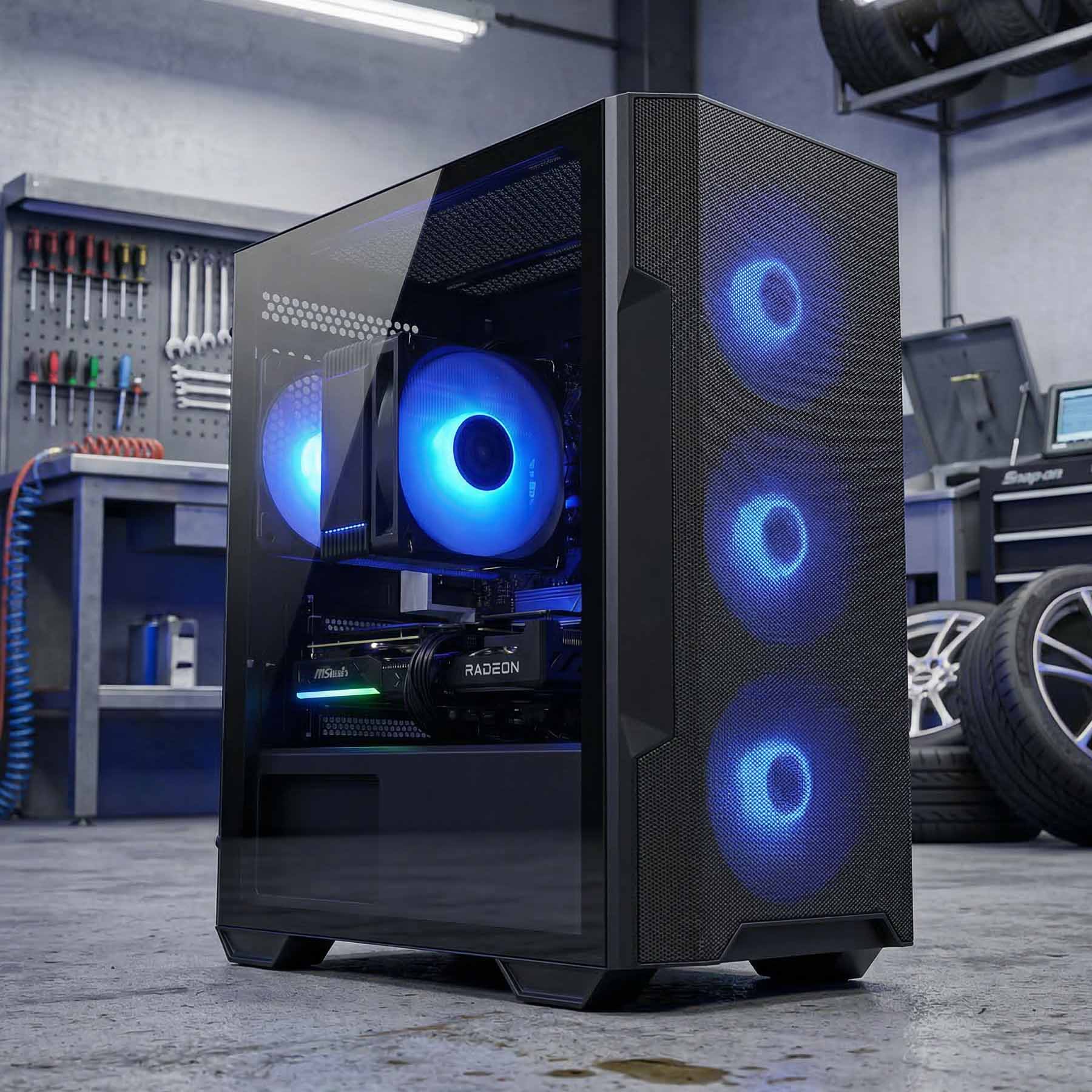 Computer case with blue LED lights in a workshop setting