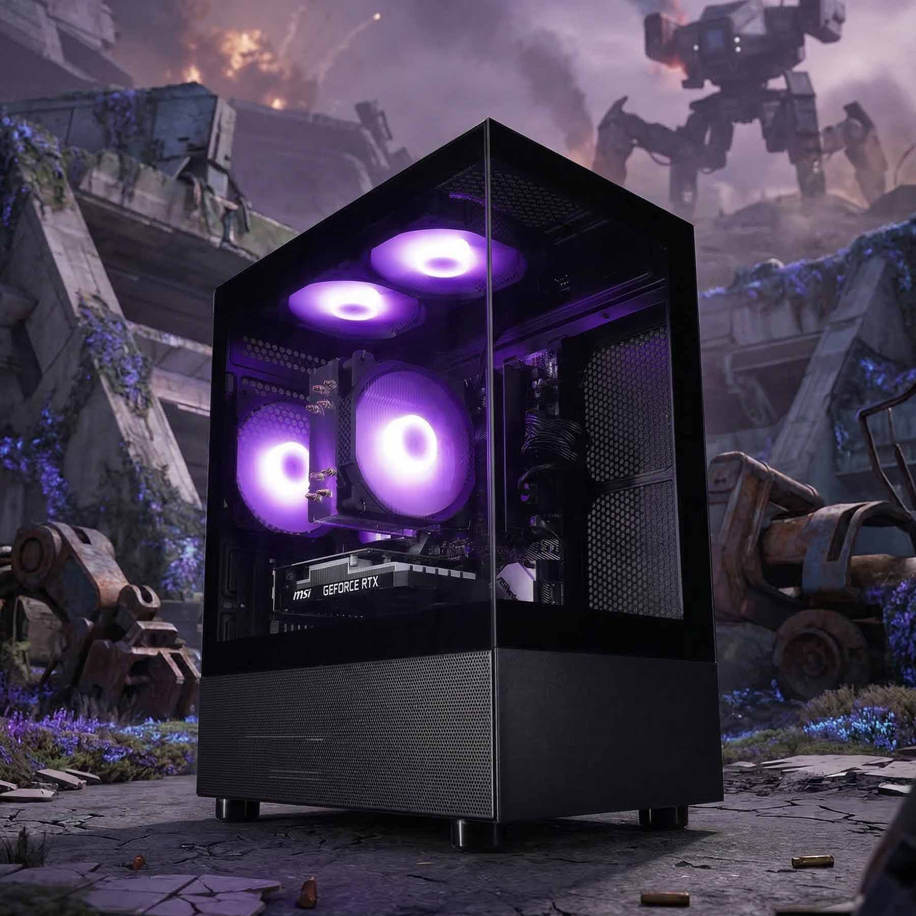 Gaming computer tower with purple lights in a post-apocalyptic setting