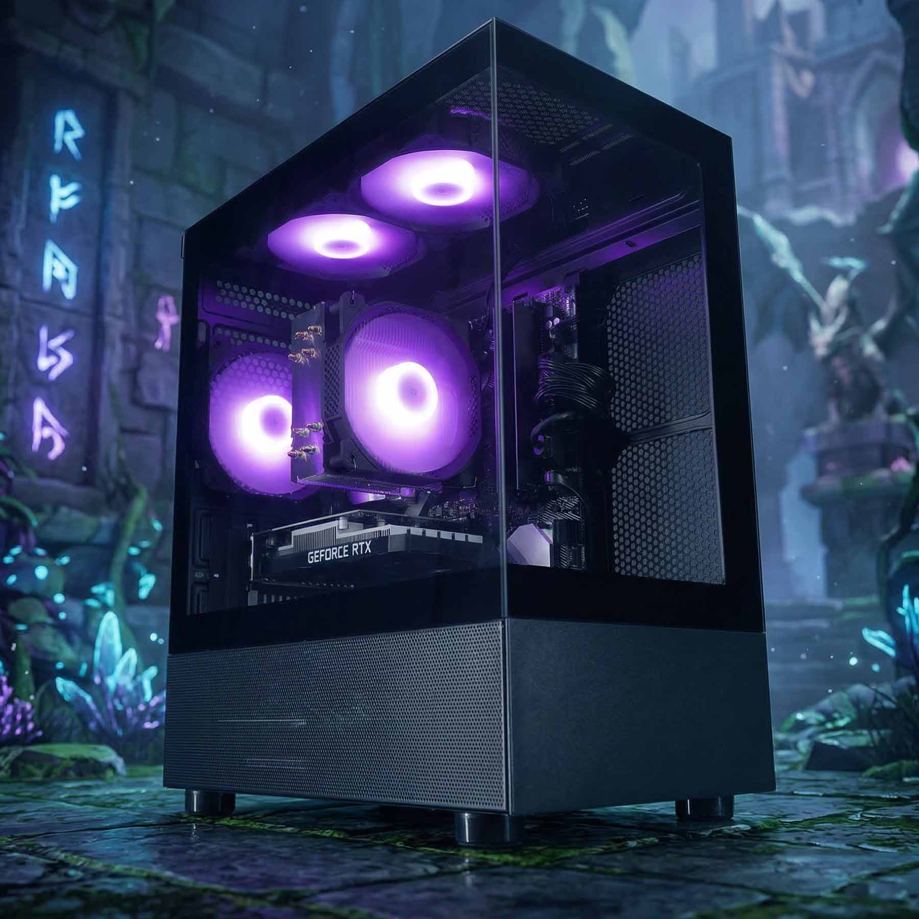 Gaming computer case with purple LED lights on a fantasy-themed background
