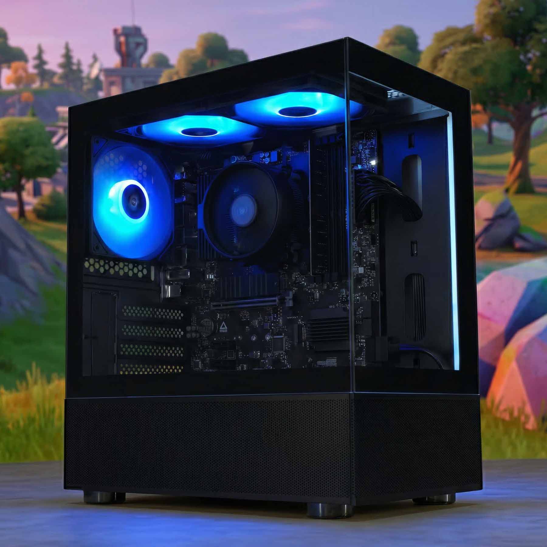 Computer case with blue LED lights on a colorful outdoor background