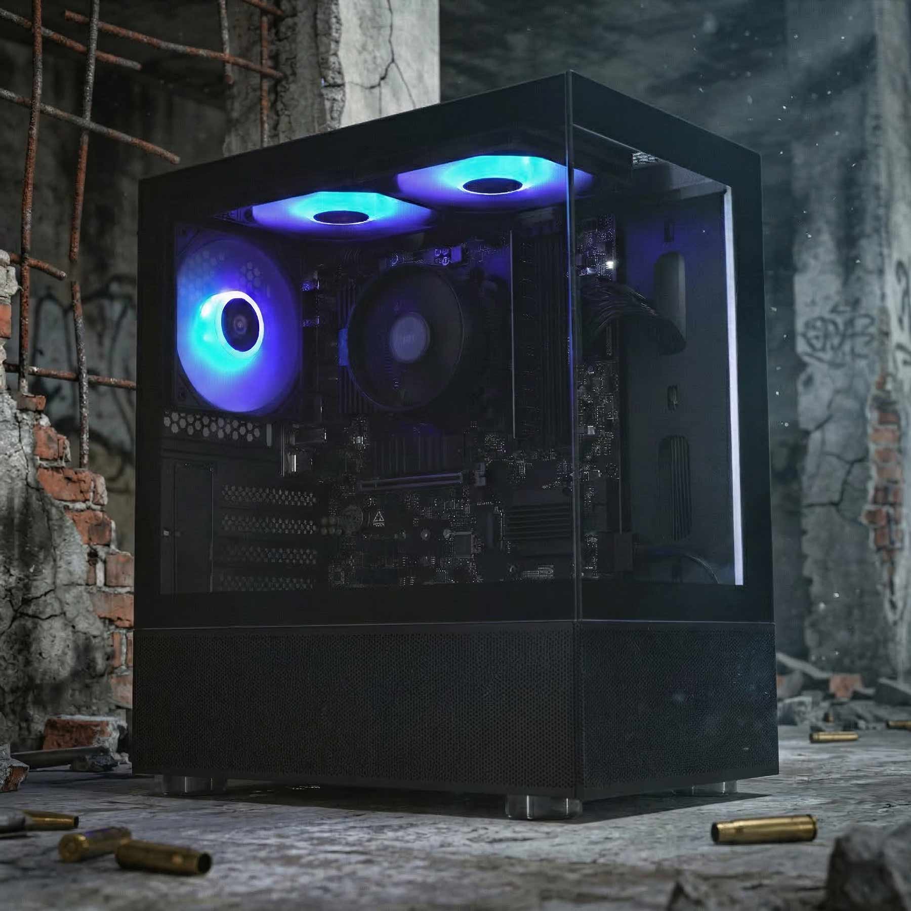 Computer case with glowing blue lights in a dark, industrial setting