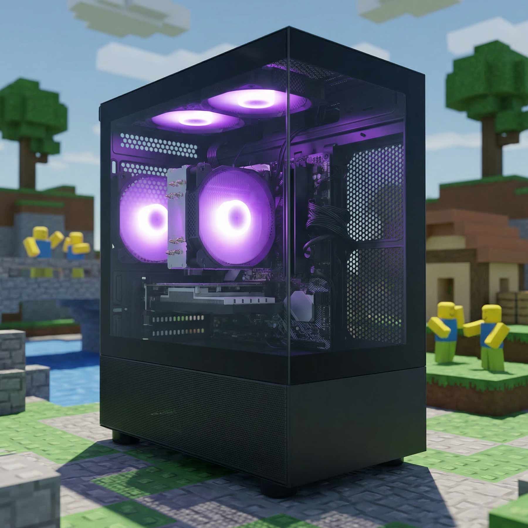 Computer case with purple lights in a Roblox-style setting
