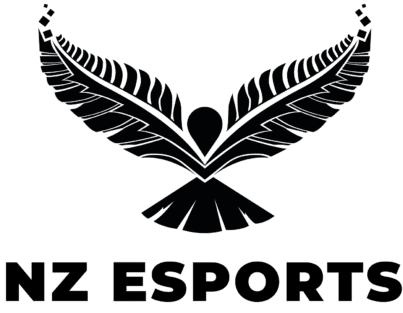 Black logo of NZ Esports with an eagle design on a green background