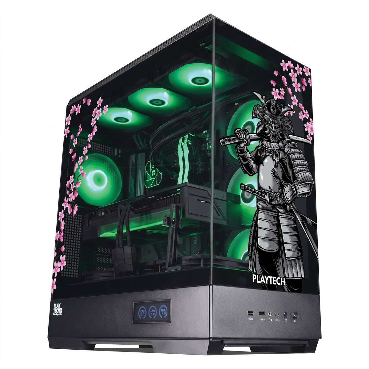 Black PLAYTECH gaming PC tower with a transparent side panel, showcasing green internal LED fans and a decorative samurai graphic with pink cherry blossoms on the front.