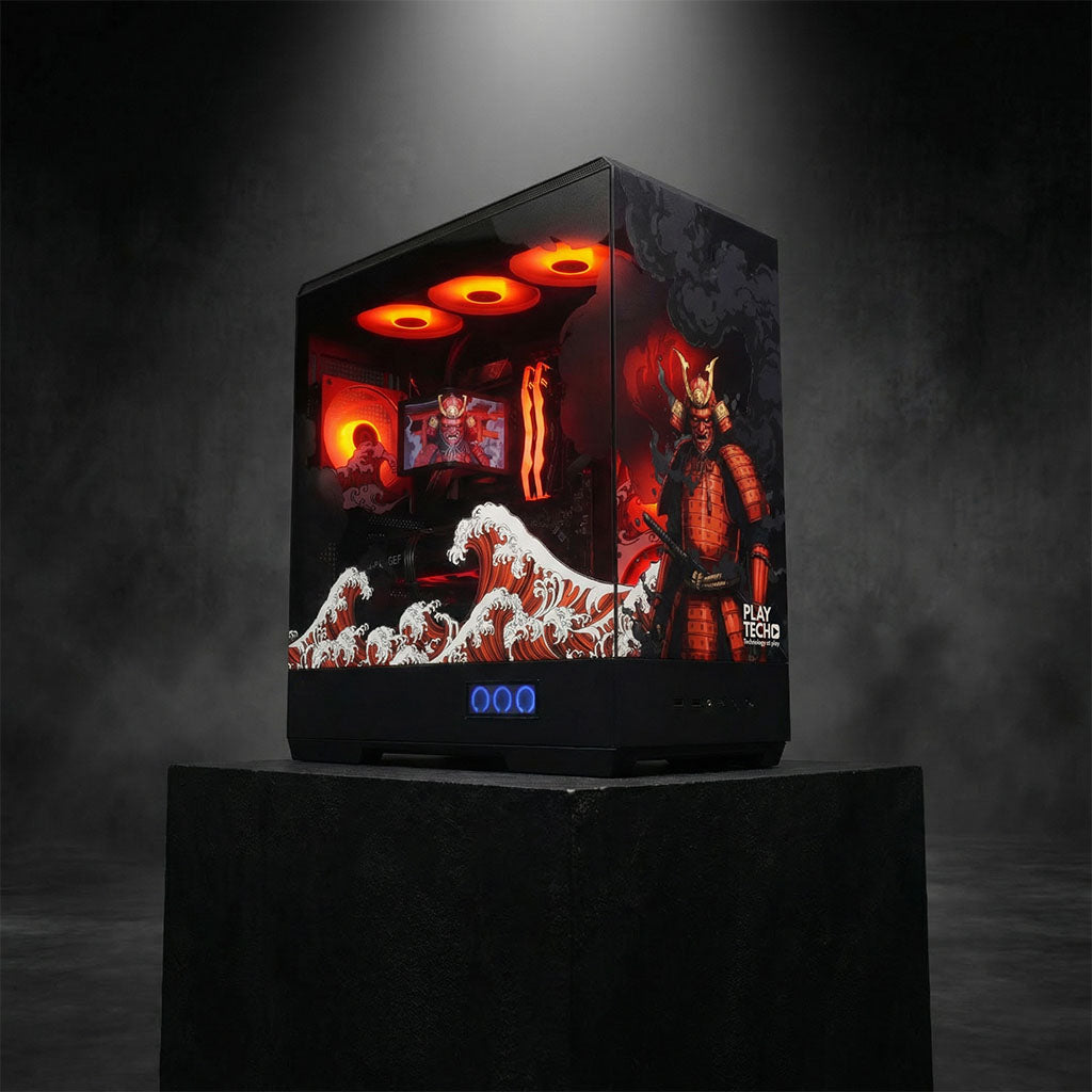 Glowing black box with Japanese-themed design on a dark background