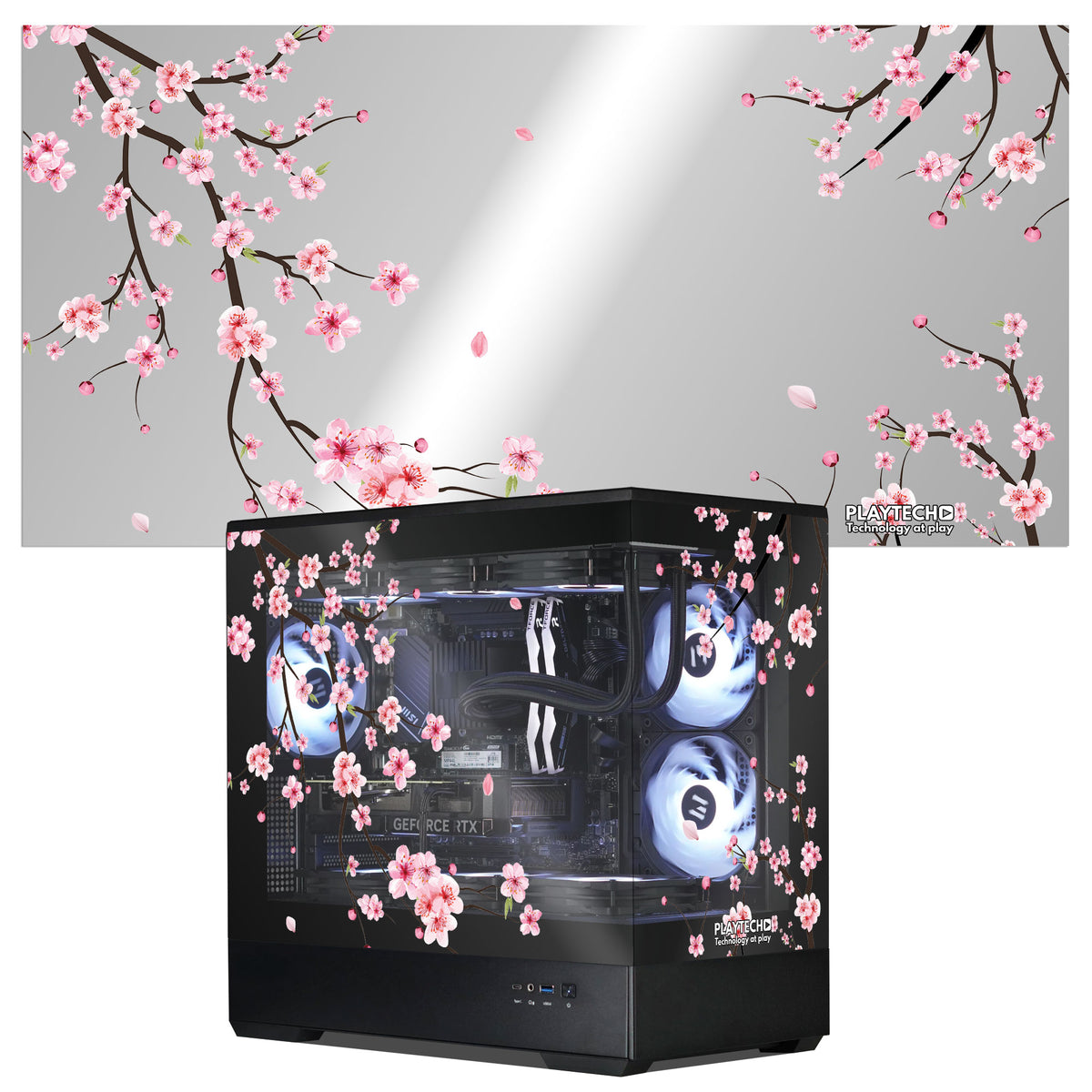 A black computer case with a cherry blossom pattern on the side panel and front, shown against a light gray background with a larger preview of the floral design above it.