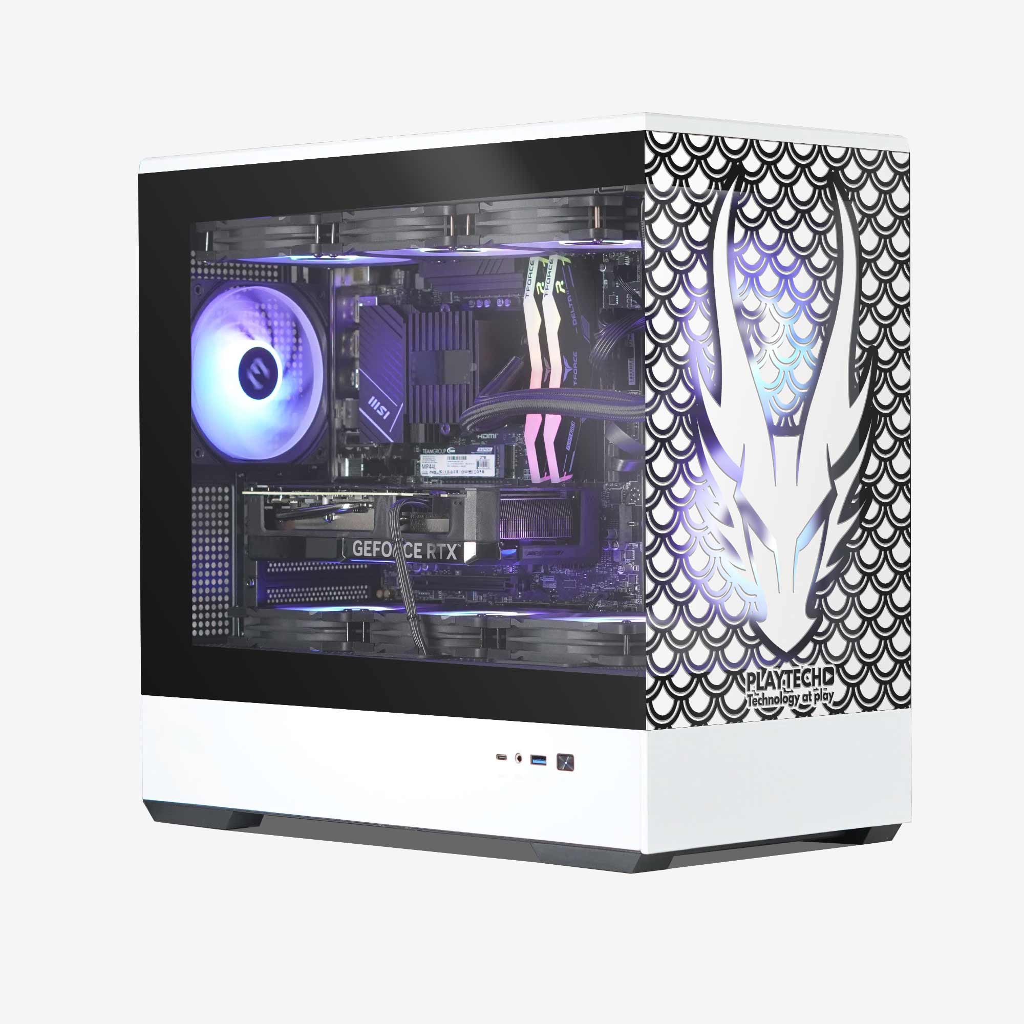 Computer case with visible internal components and a decorative dragon design on the side.