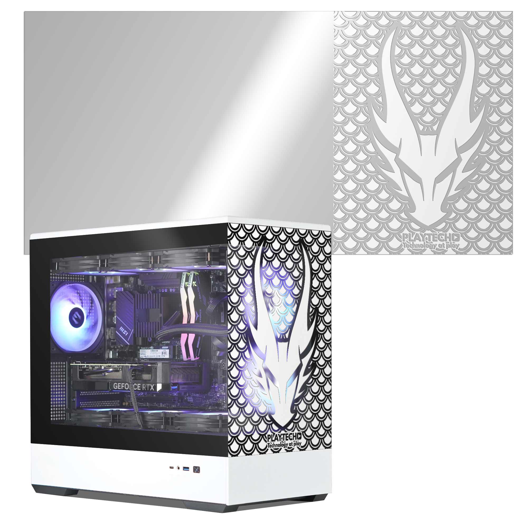 Computer case with visible internal components and a dragon design on the side panel.