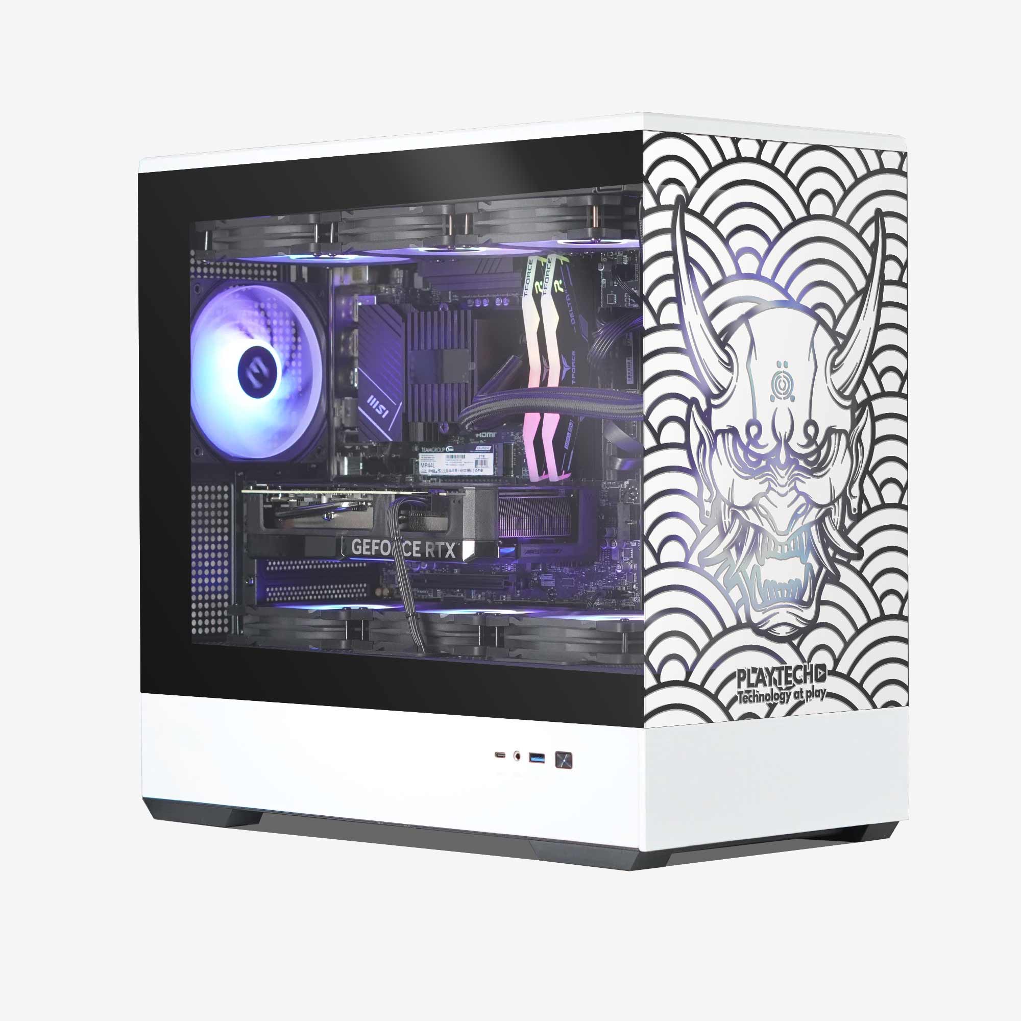 Computer case with visible internal components and a decorative japanese oni demon front panel on a white background