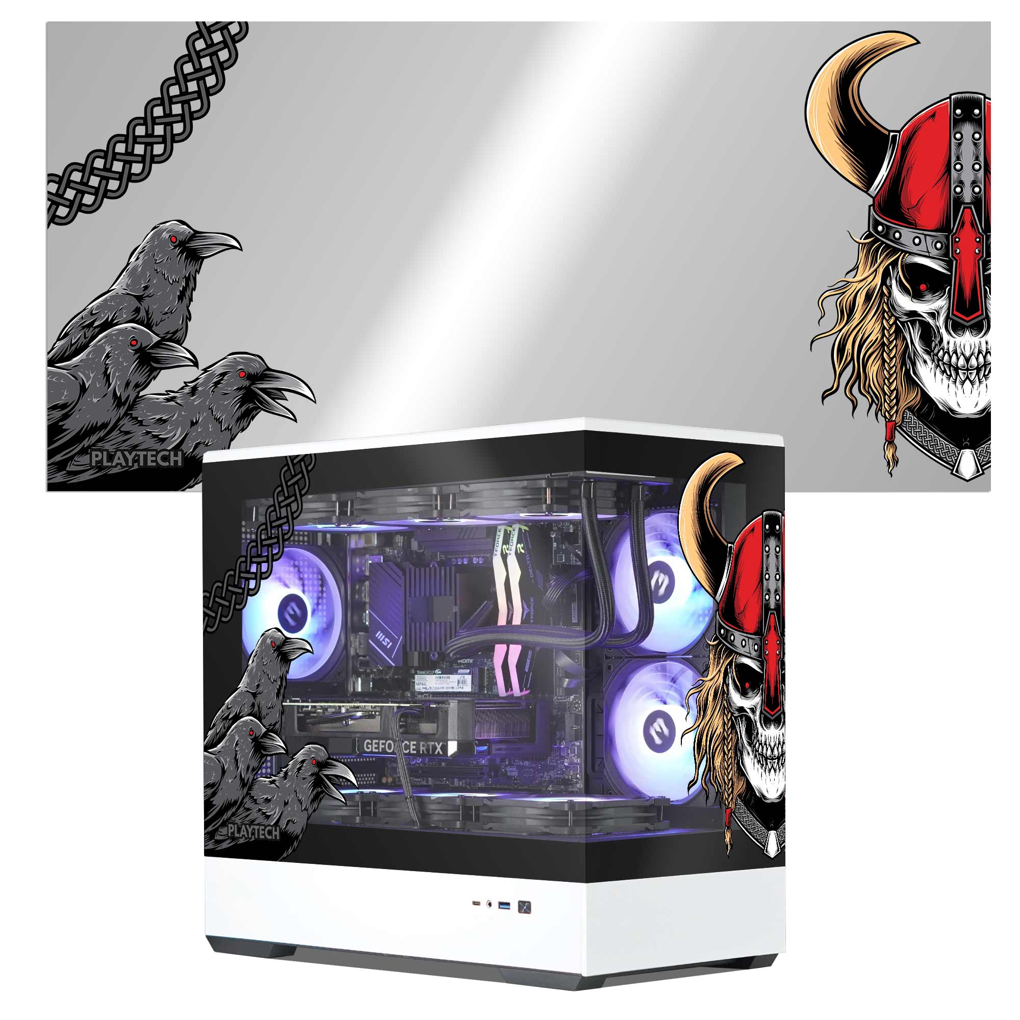 Gaming computer case with visible components and decorative Viking graphics on a white background