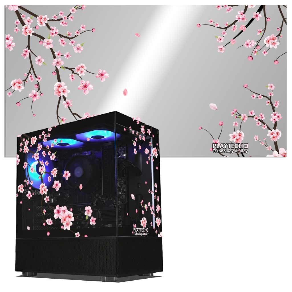 Computer case with cherry blossom design on a gray background