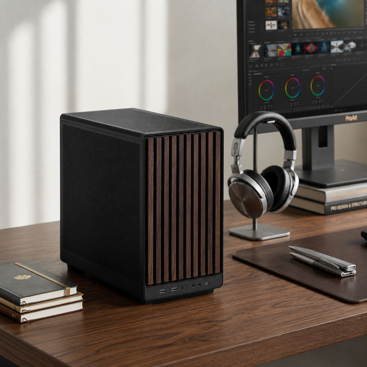 A black Local AI workstation desktop computer with vertical wood-grain front slats sits on a wooden desk in a home office setup, alongside headphones, a monitor, notebooks, and a pen pad.
