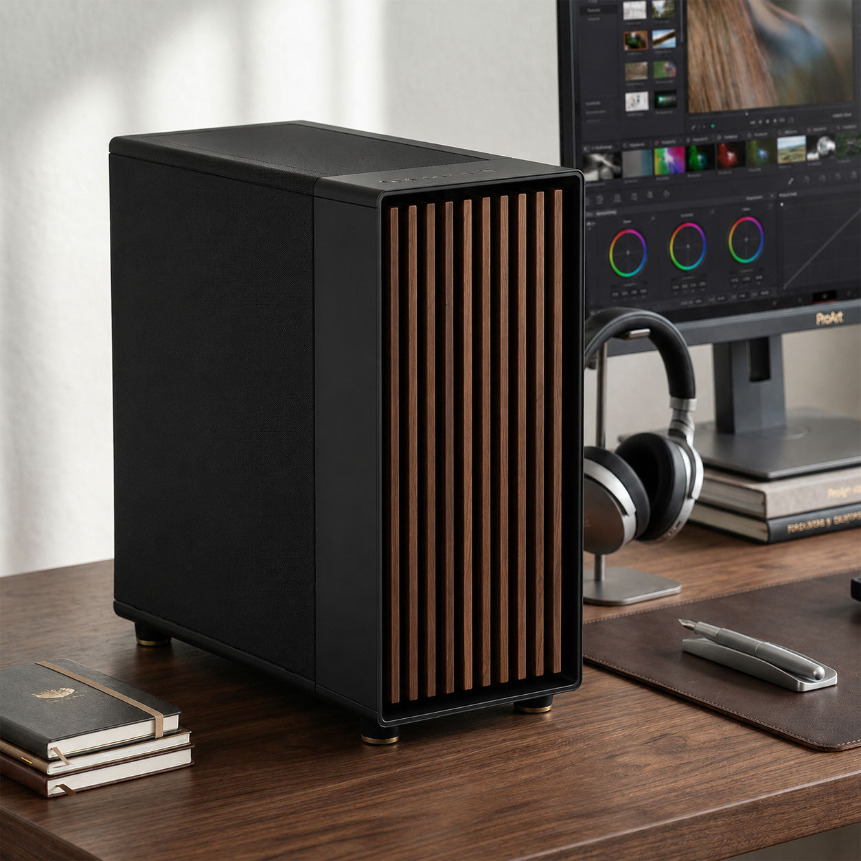 A black desktop Local AI workstation computer tower with vertical wooden front slats sits on a wooden desk in a home office setup, with a monitor, headphones, books, and a mouse nearby.