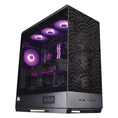 A black gaming PC tower with a side glass panel, showcasing purple LED lighting inside. The front features a large black wave pattern with an embossed demon design and the brand name 'PLAYTECH' on the lower right.