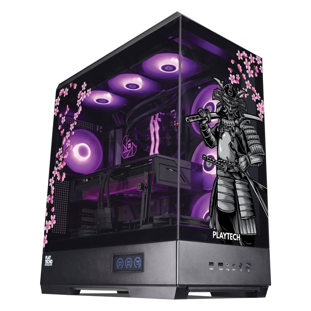A black PLAYTECH gaming PC tower with a transparent side panel, showcasing purple LED interior lighting and cherry blossom graphics with a samurai illustration on the front.