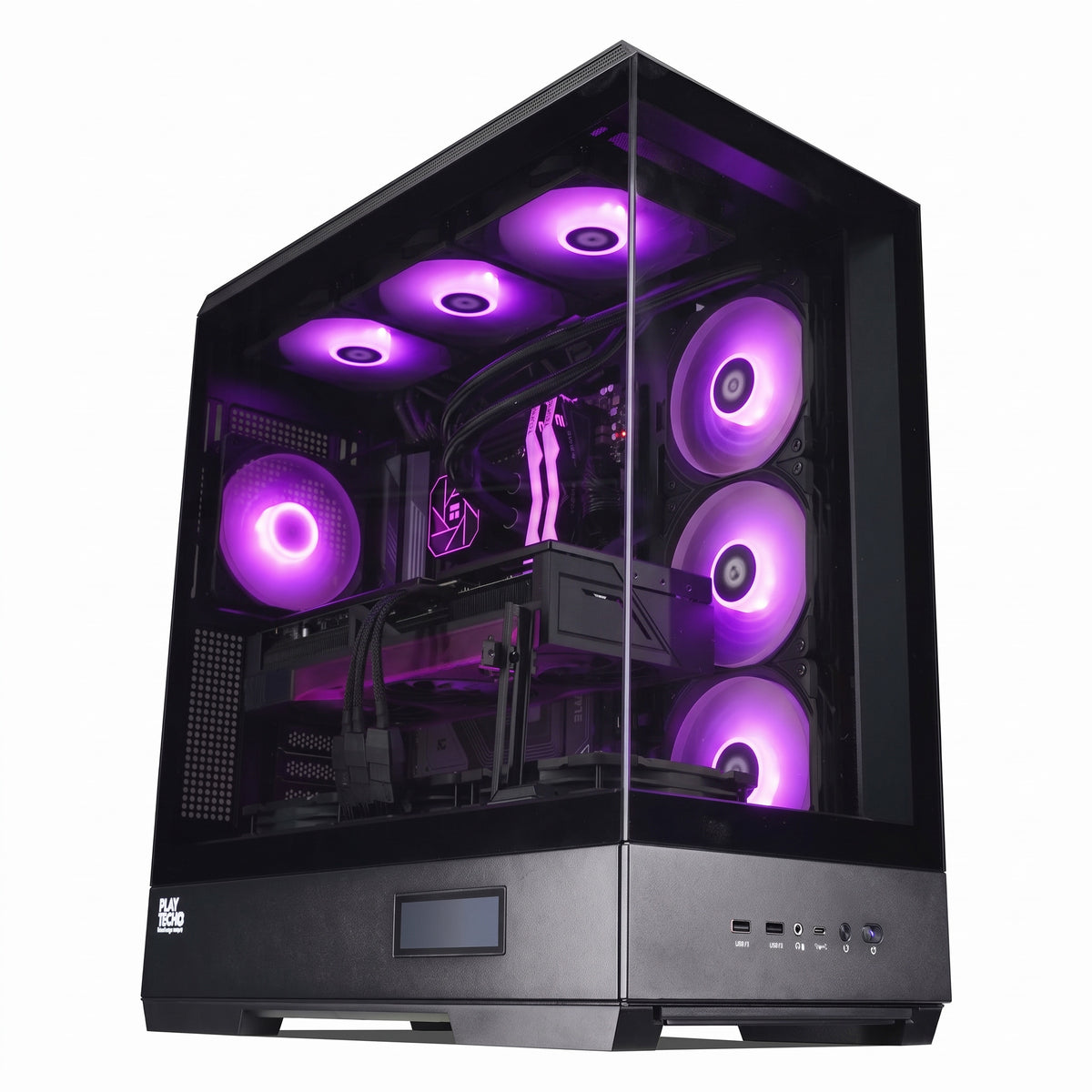 A black desktop PC tower with a glass side panel, showcasing a custom PC build illuminated by glowing purple RGB fans and lights inside, set against a plain white background.