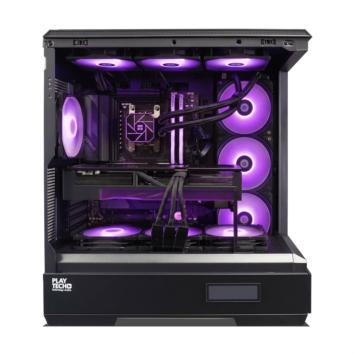 A black custom gaming PC tower with a clear side panel, showcasing a fully assembled interior with purple LED lighting from multiple fans and an RGB liquid cooler. 