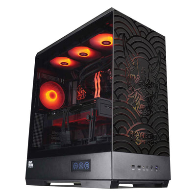 A black custom gaming PC tower with a glass side panel showing glowing red internal fans and RGB lighting, featuring an embossed demon design and the brand name 'PLAYTECH' on the front panel.