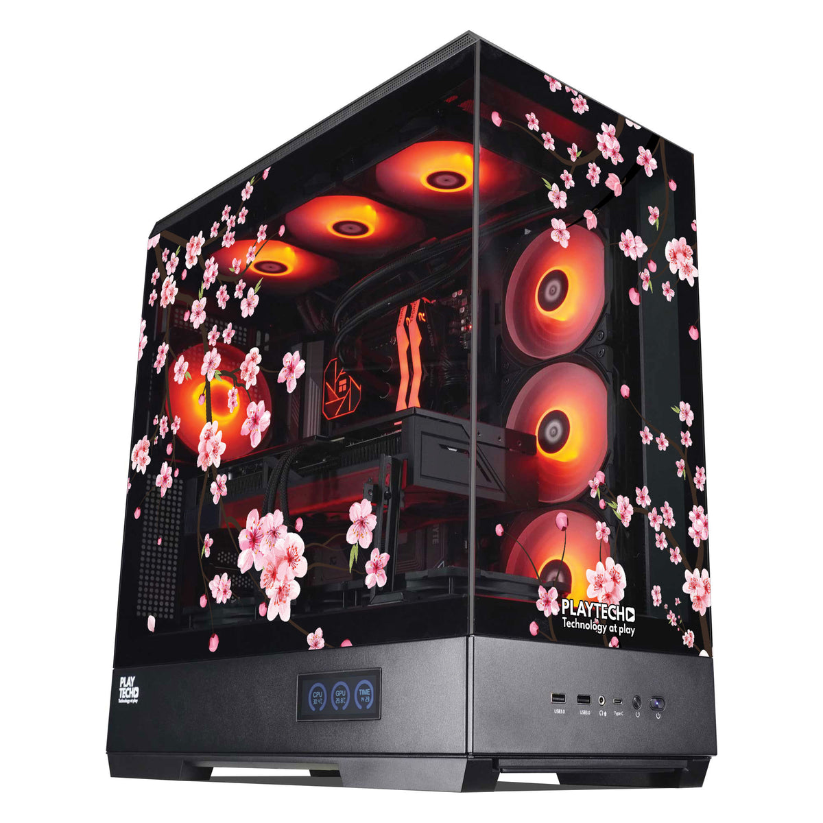 A black desktop PC tower with a transparent side panel decorated with pink cherry blossom flowers and glowing orange LED lights inside, shown on a plain white background.