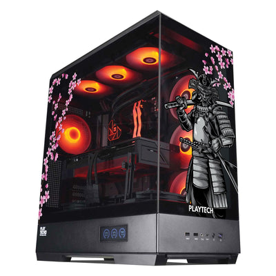 A black PLAYTECH gaming PC tower with a transparent side panel, showcasing glowing red internal fans and LED lights, decorated with a black-and-white samurai graphic and pink cherry blossom branches.