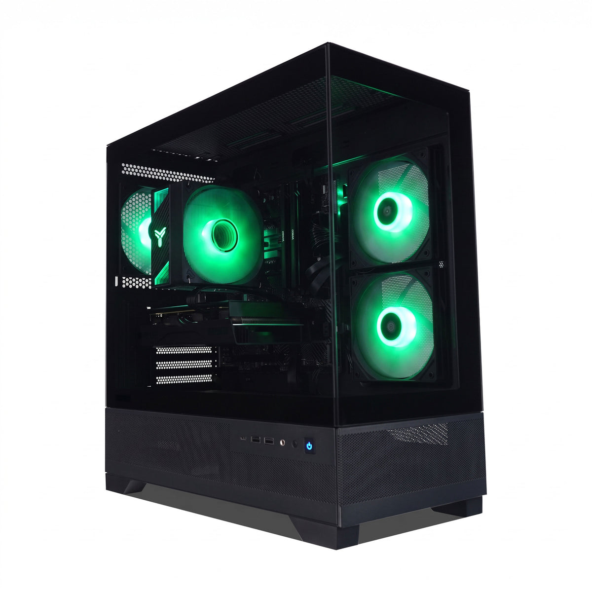 A black gaming PC tower with a glass side panel, showcasing bright green LED-lit fans and internal components, set against a plain white background.