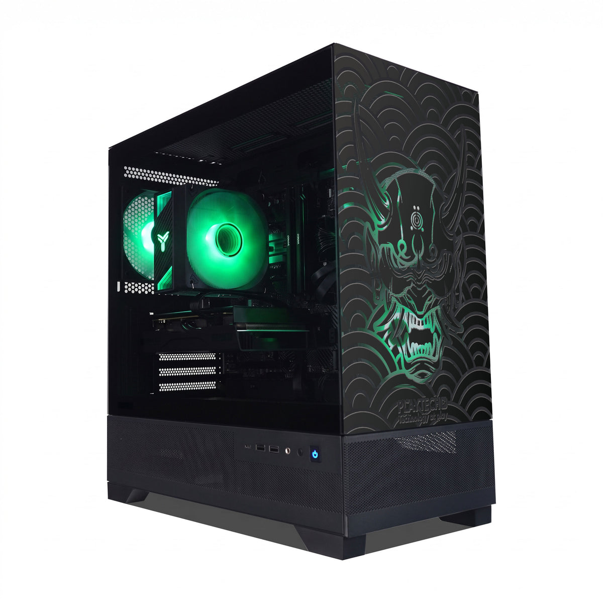 A black gaming PC tower case with a side glass panel, showcasing green LED-lit internal components and a stylized green wave graphic on the front panel.