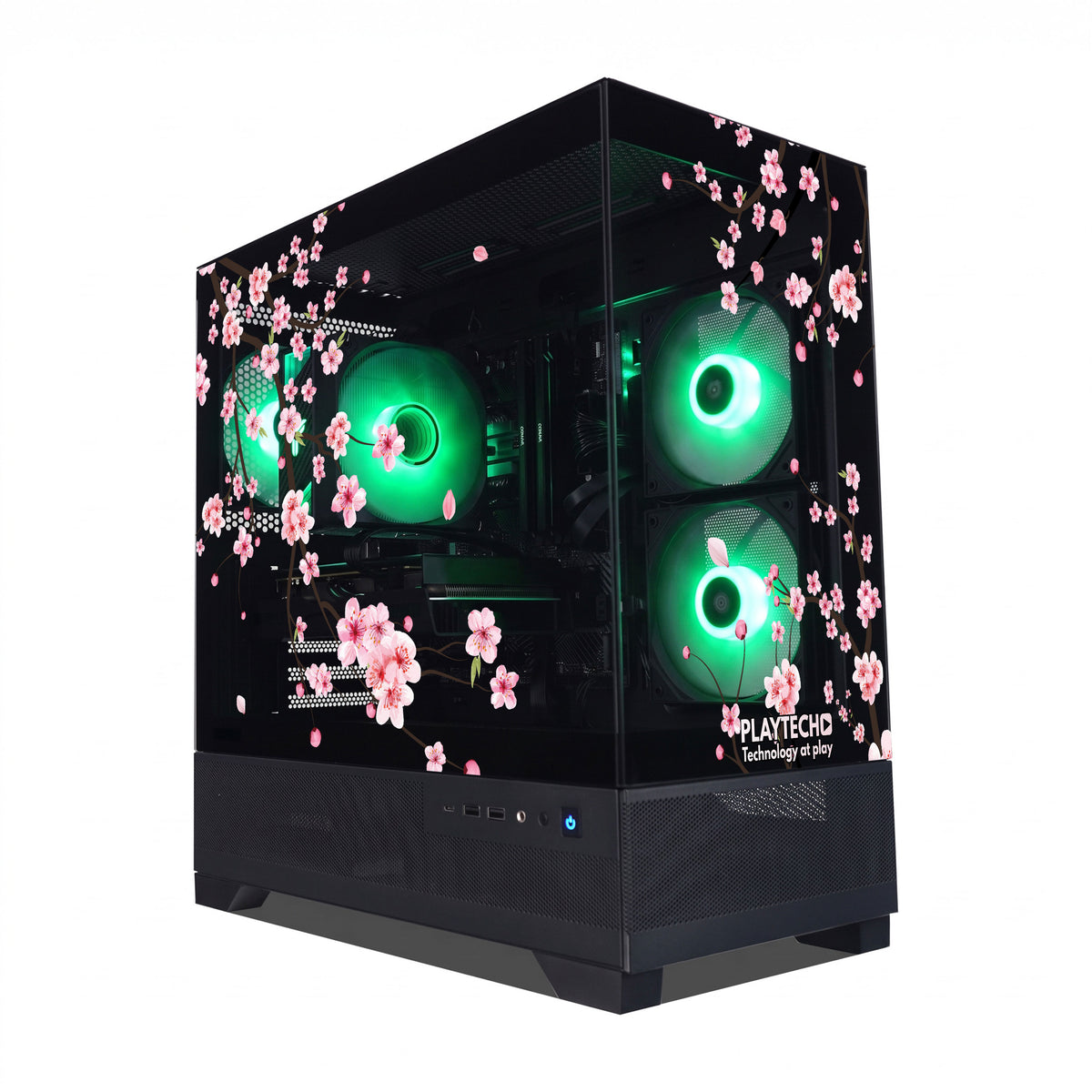 A black computer case with a side glass panel decorated with pink cherry blossom flowers, featuring three green LED-lit fans on a white background.