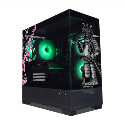 A black custom gaming PC tower with a transparent side panel, showcasing green LED-lit fans and internal components. The side panel is decorated with pink cherry blossoms on the left and a black-and-white samurai graphic on the right, with the text 'PLAYTECH' visible near the bottom.