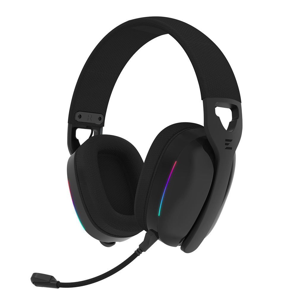 Black gaming headset with RGB lighting on a white background