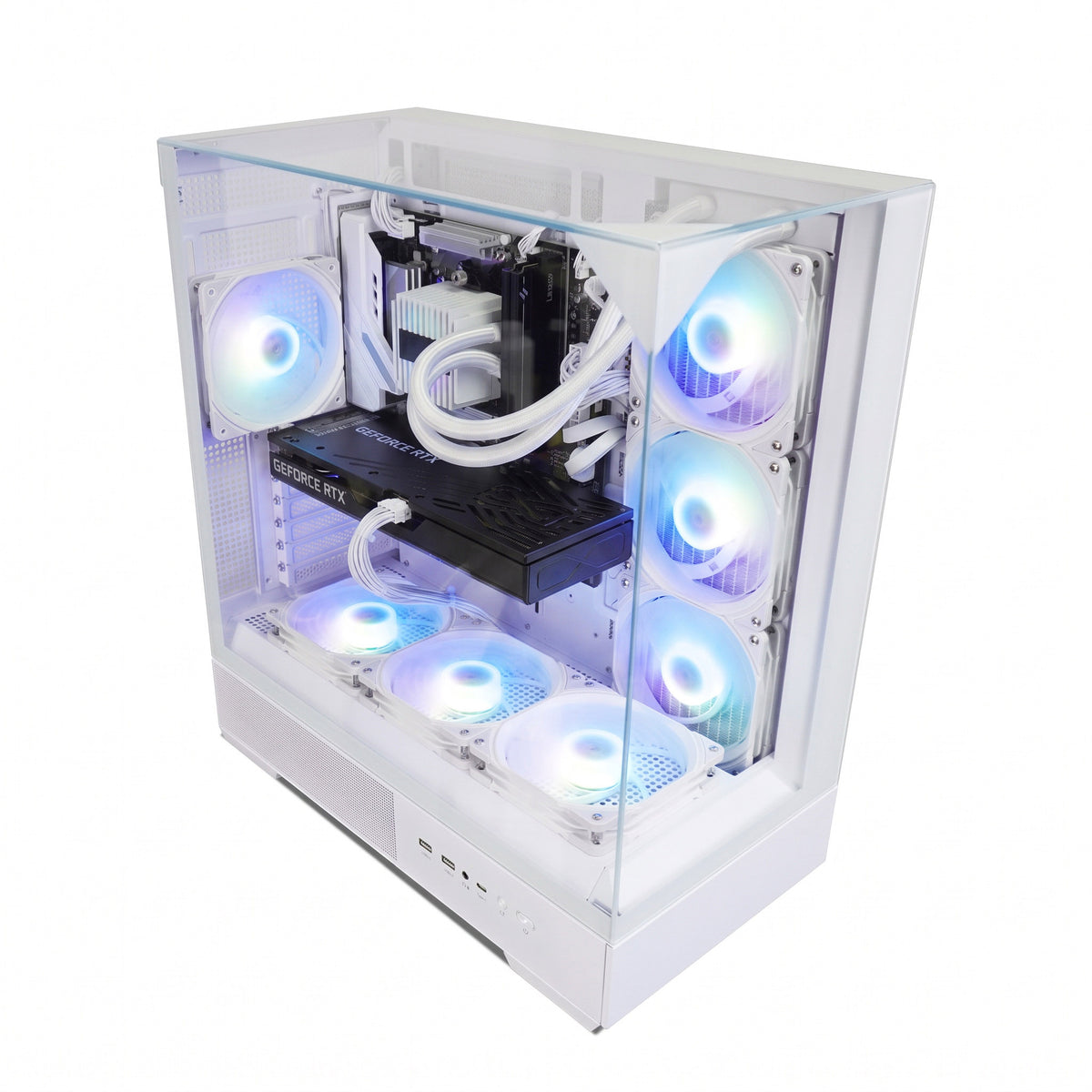 A white custom PC tower with a transparent side panel, showcasing a white liquid CPU cooler and multiple RGB fans glowing with blue and purple light, set against a plain white background.