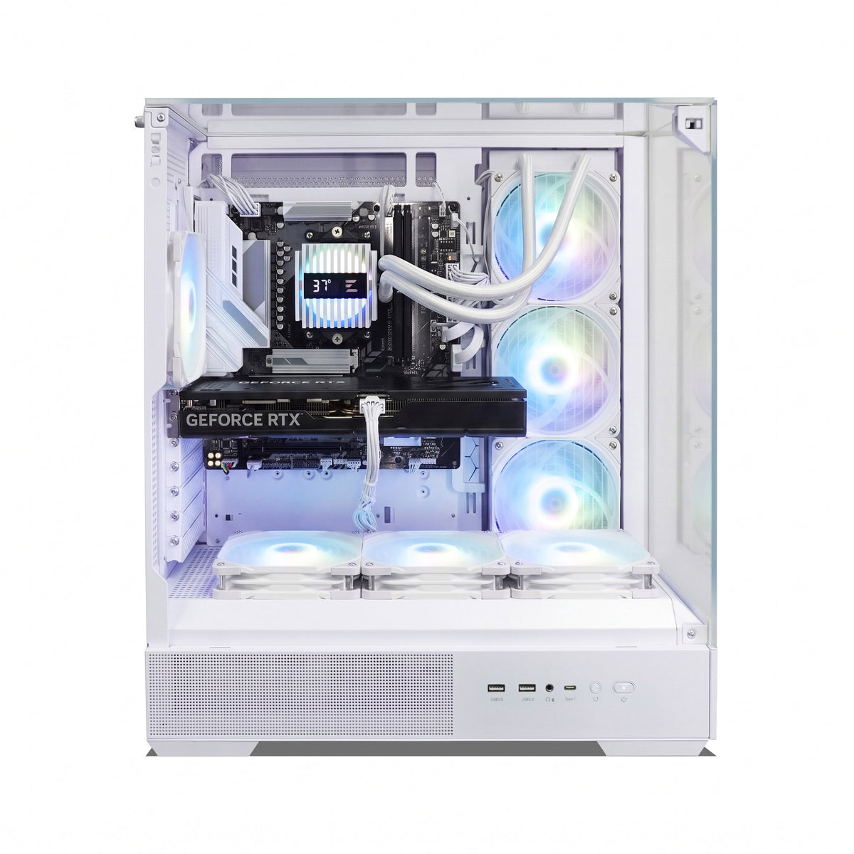 A white custom desktop PC tower with a transparent side panel, showcasing a fully assembled internal setup. The PC features a white liquid CPU cooler, a black CPU heatsink, a black GeForce RTX graphics card, three illuminated RGB fans on the right side panel, and three more RGB fans on the front deck tray.