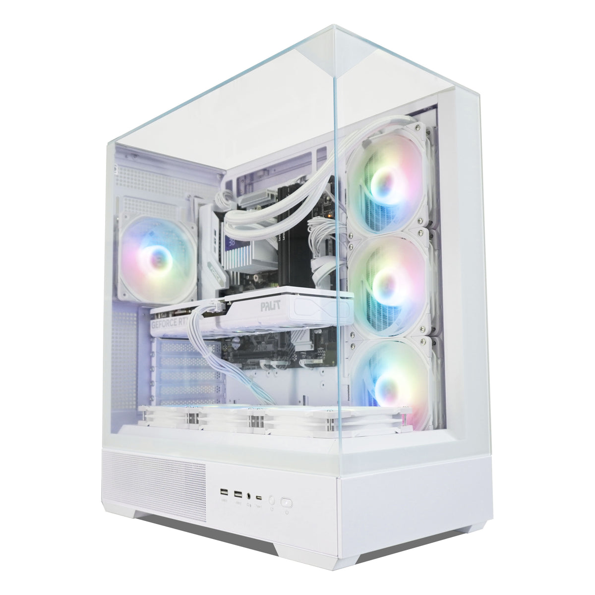 A white custom PC tower with a clear glass front panel, showcasing a white liquid-cooled system with RGB fans that glow with pastel rainbow colors, set against a plain white background.