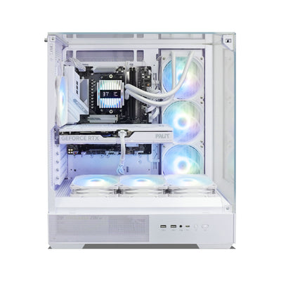 A white custom PC tower with a clear side panel, showcasing a white liquid CPU cooler, an RTX graphics card, and seven RGB-lit fans.