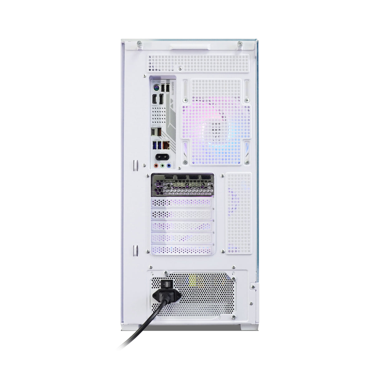 White computer case shown from the rear, featuring a glowing RGB LED fan, multiple expansion ports, and a power supply intake grille on a solid white background.