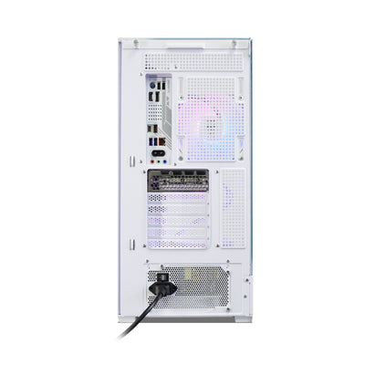 White computer case shown from the rear, featuring a glowing RGB LED fan, multiple expansion ports, and a power supply intake grille on a solid white background.