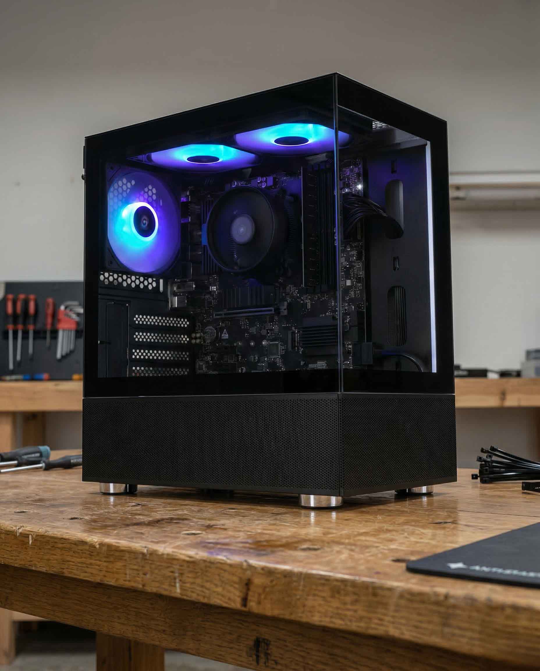 Computer case with glowing blue components on a wooden desk
