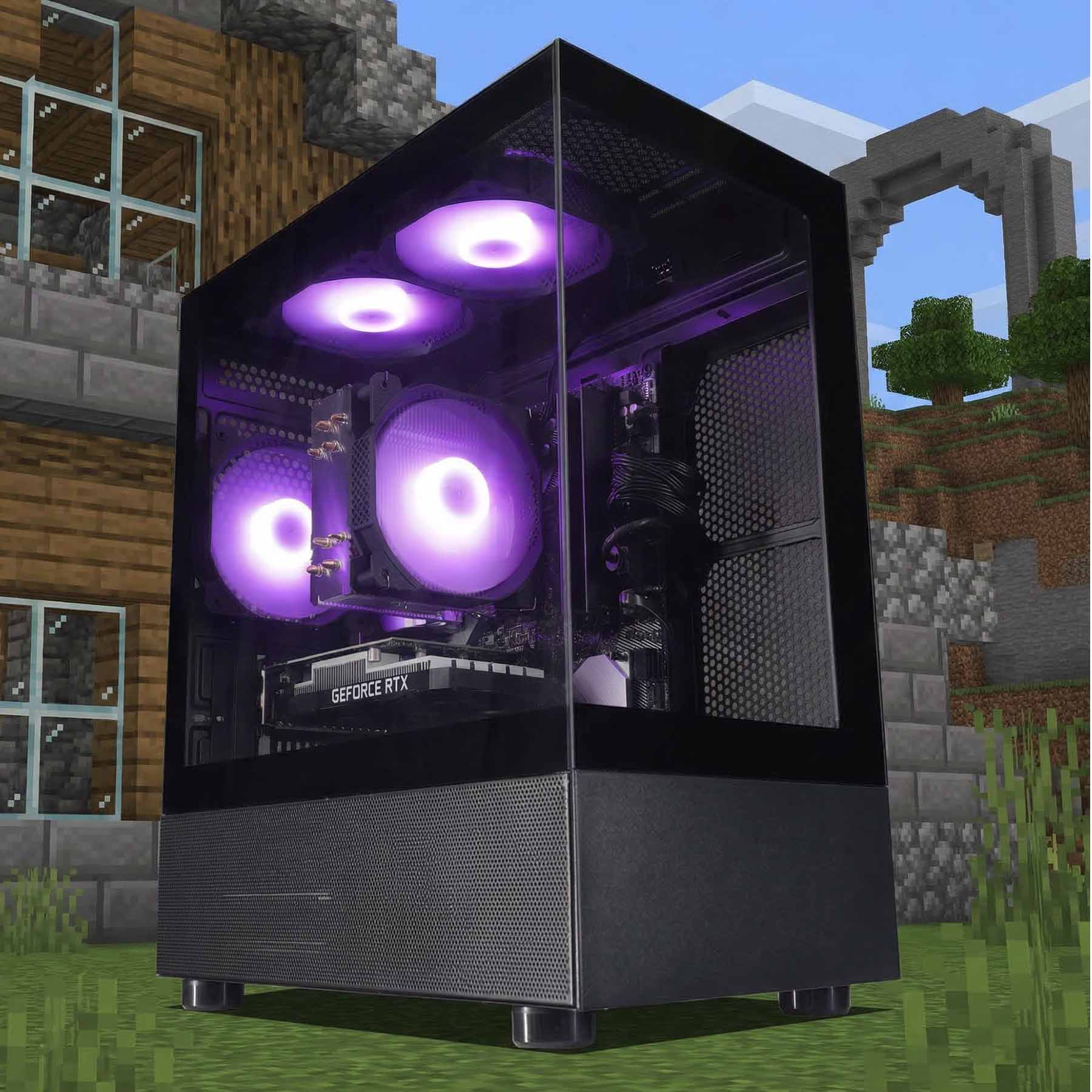 Computer case with purple LED lights in a Minecraft-style setting
