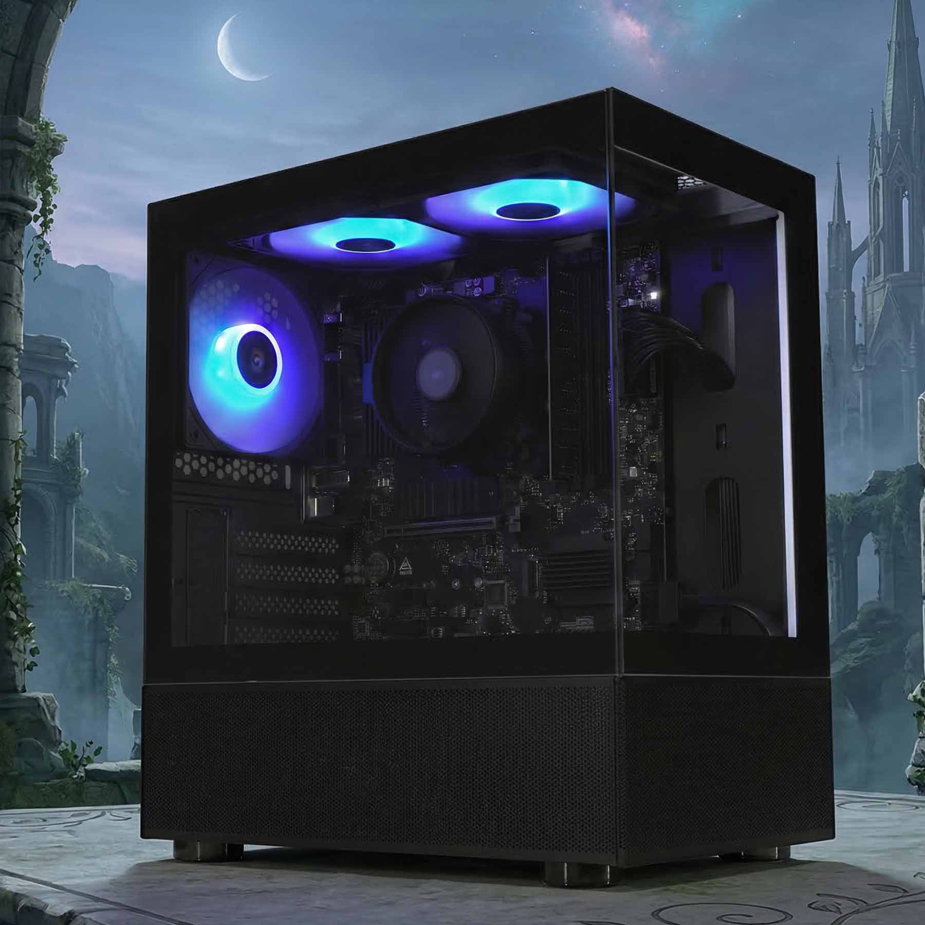 Computer case with RGB lighting in a fantasy setting
