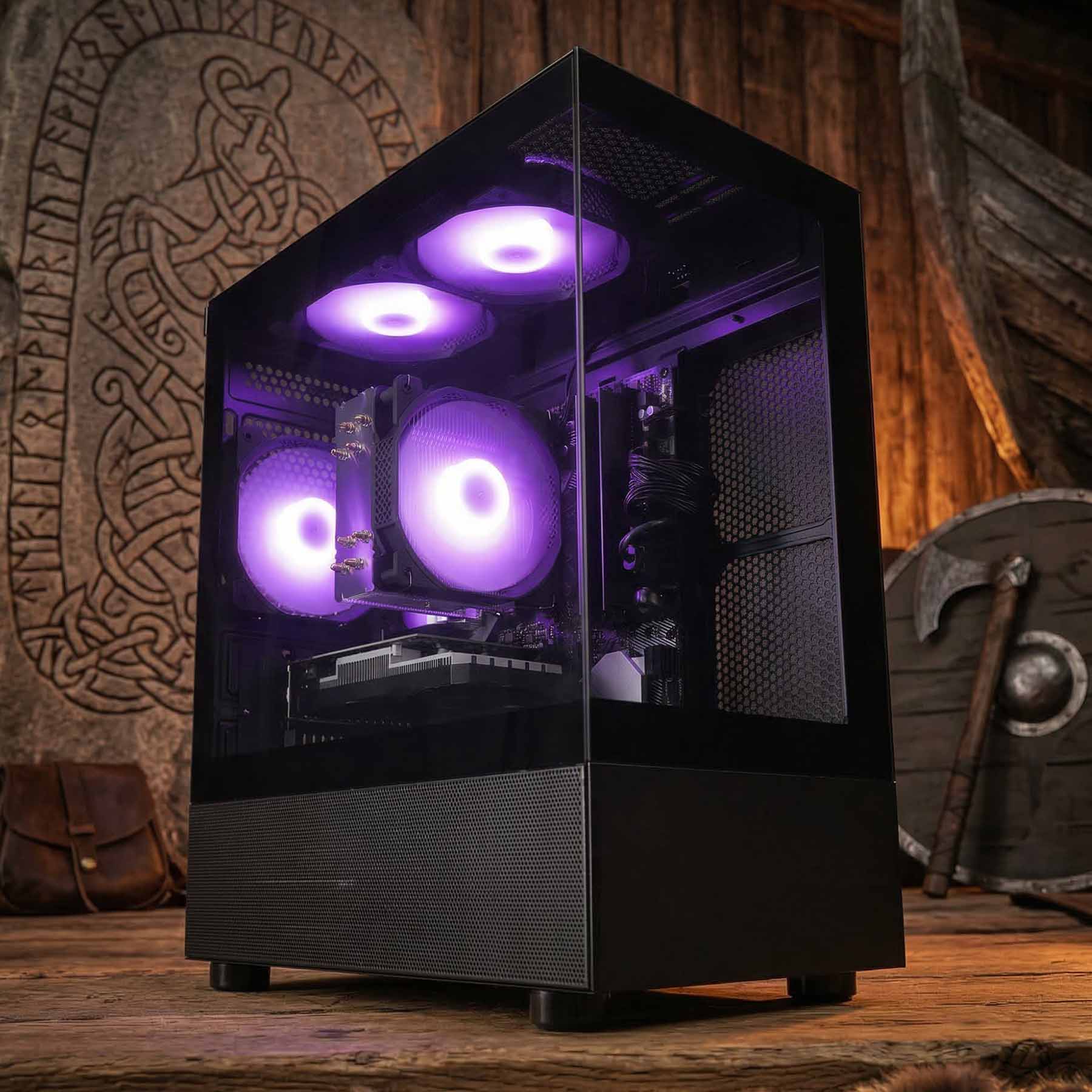 Computer case with purple lighting in a rustic viking fantasy style setting