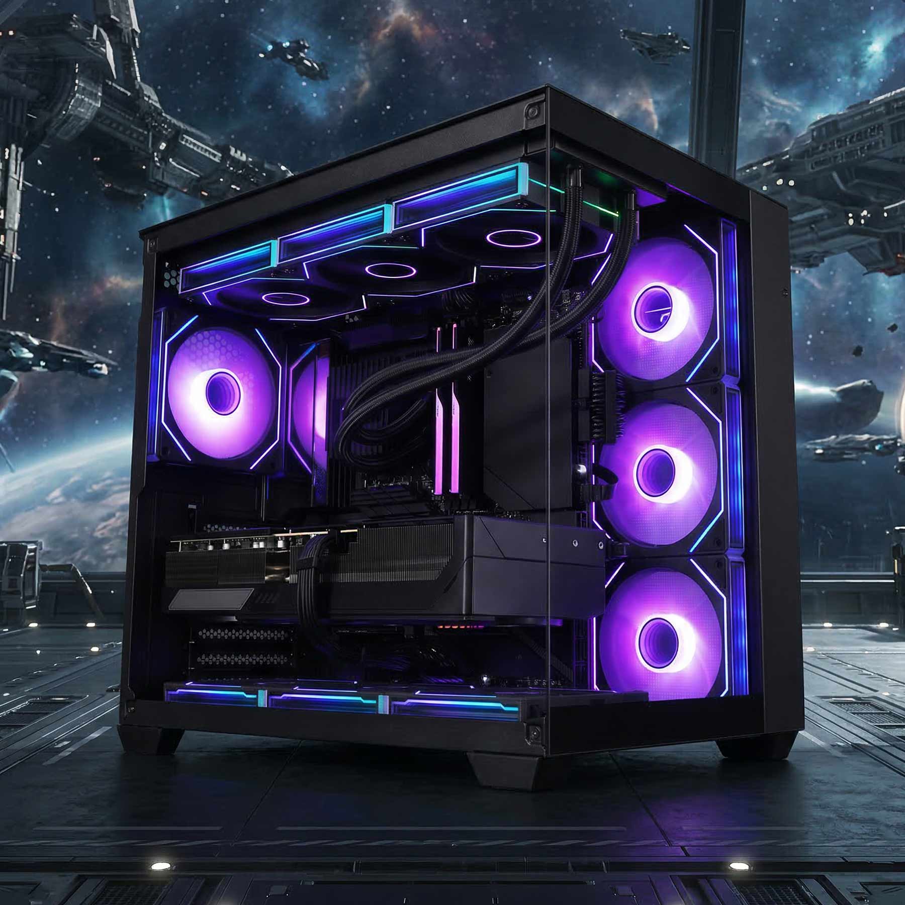 Computer case with RGB lighting against a futuristic space-themed background