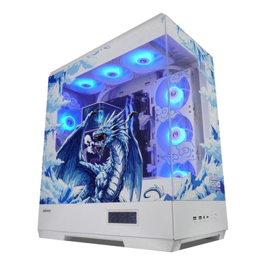 Computer case with dragon design and blue LED lights on a white background