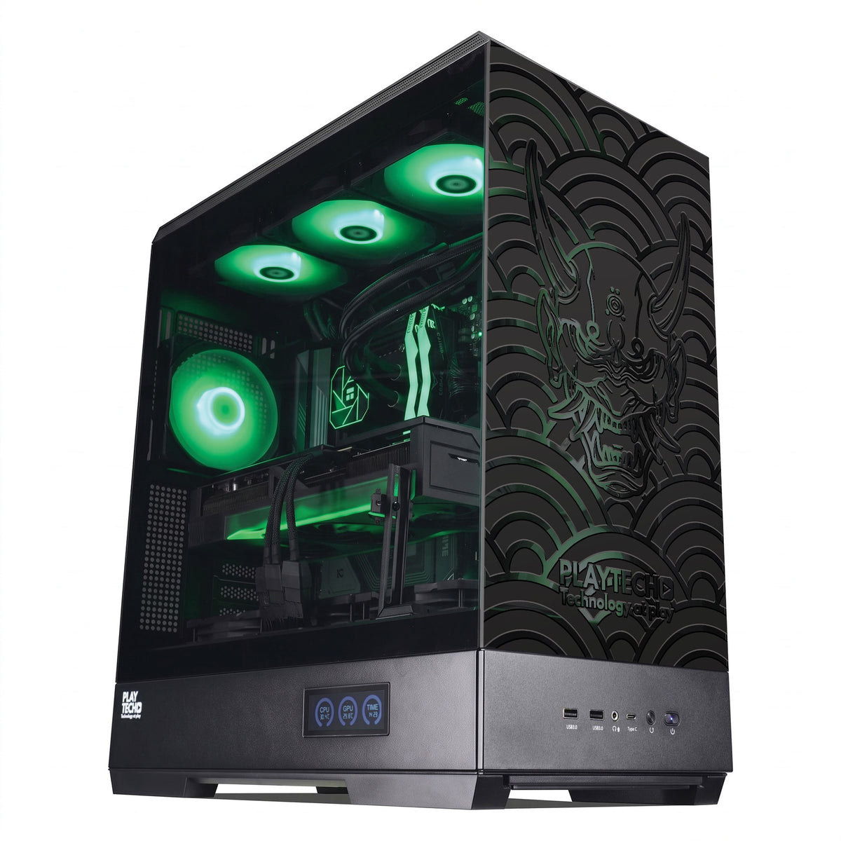A black custom gaming PC tower with a side glass panel, showcasing green LED-lit internal components and a decorative wave pattern with a demon design on the front. The brand name 'PLAYTECH' is visible on the lower right of the front panel.